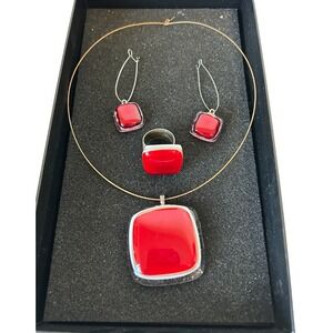 Artist Made Red Acrylic Square Pendant Necklace Earrings Ring Set Silver Tone